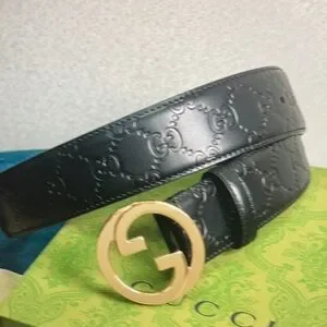 Gucci Signature Embossing Leather Belt Unisex Embossed GG belt with squared buckle in black | GUCCI® US main image 2